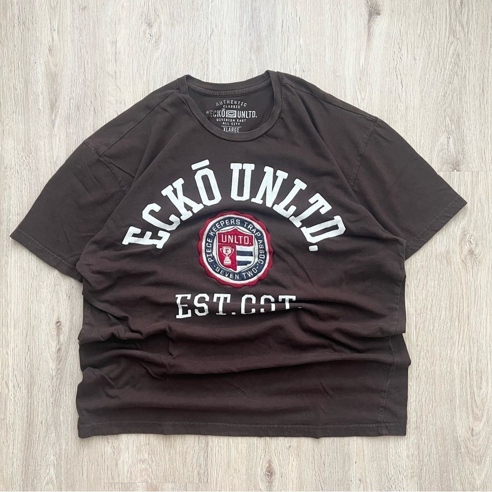 Vintage Ecko Unltd Shirt Menโs XL Brown 3D Spellout Embroidered Y2K Grunge